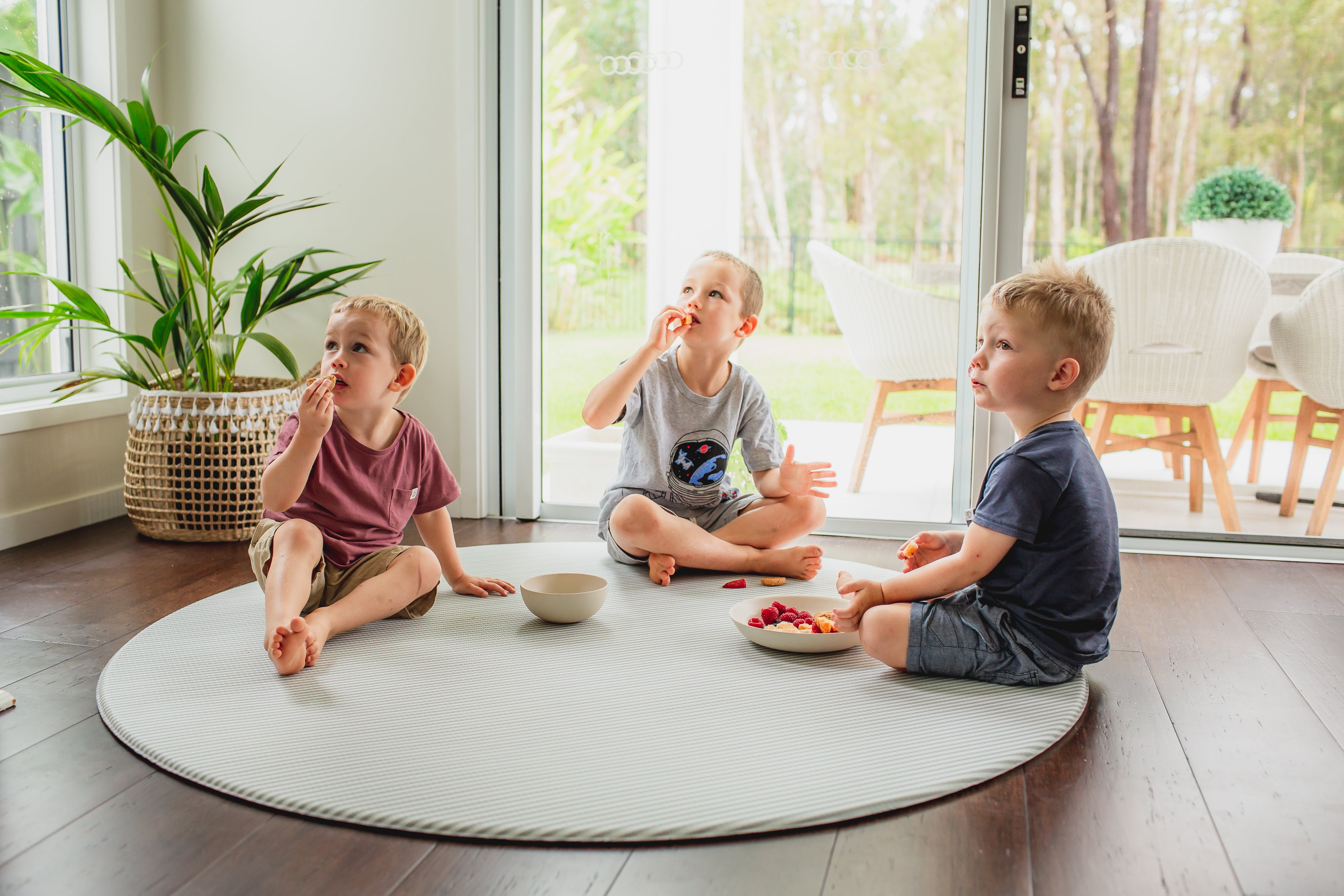 Palm Leaf Grey Stripes Round Baby Play Mat Australia Luxe at Play